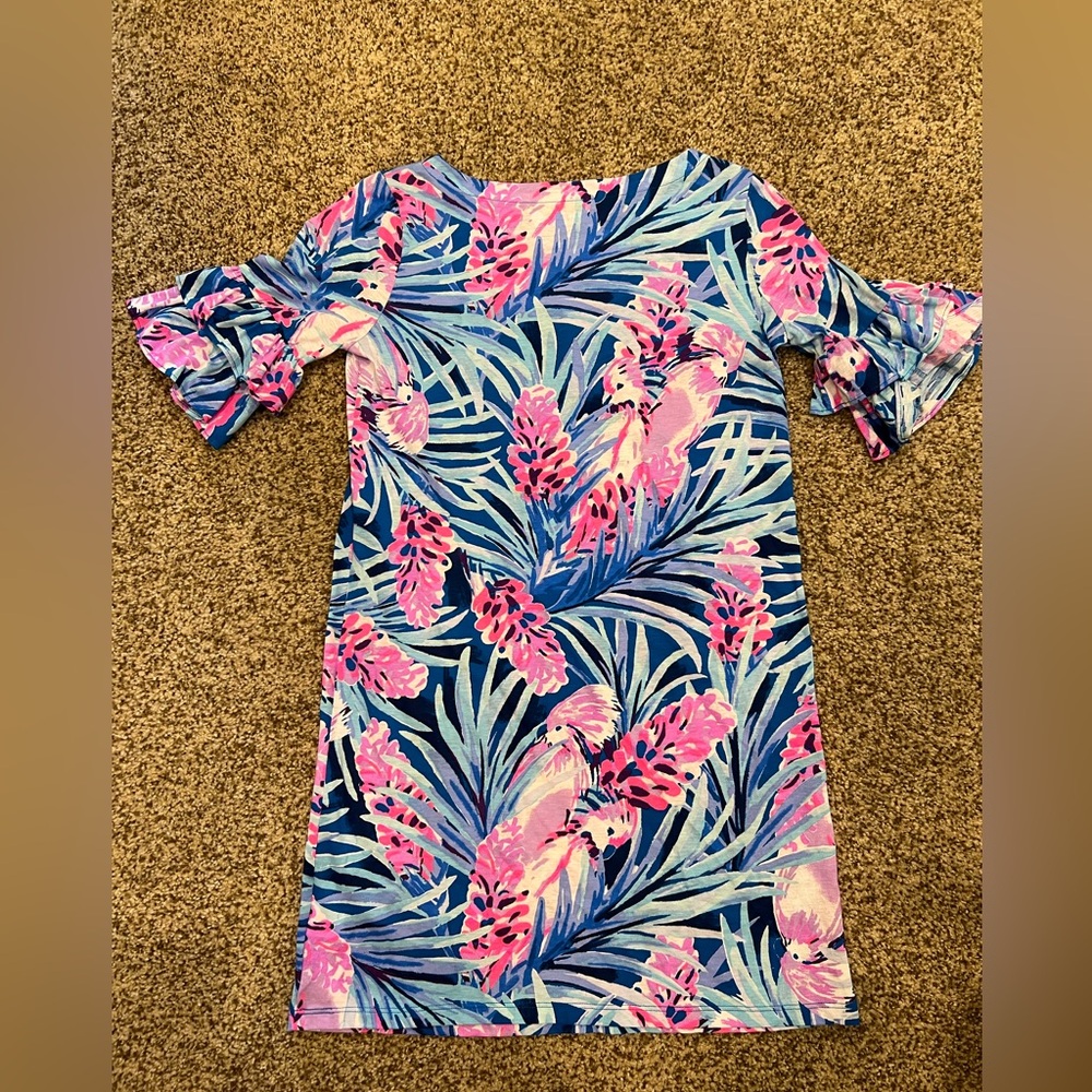 Lilly Pulitzer girls Sz XL dress. Blue and pink pattern with ruffle sleeves.